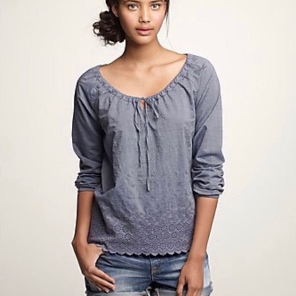 J.Crew Blue Eyelet Peasant Blouse Size 0 100%‎ Cotton